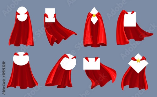 Hero and super hero red capes and cloaks with collar. Cartoon vector textile clothes with empty banners of round, oval, rectangle and square shape. Superhero costume with golden star clasp and placard
