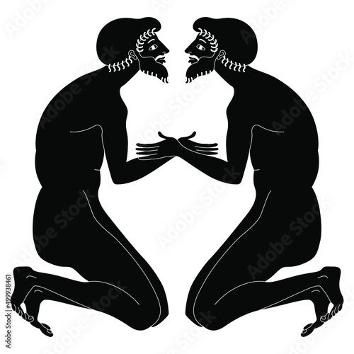 Symmetrical design with two kneeling bearded ancient Greek men holding hands. Black and white negative silhouette.