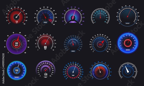 Car speedometer. Odometer and RPM motorbike gauge, automobile speed counter and tachometer. Vector auto display set
