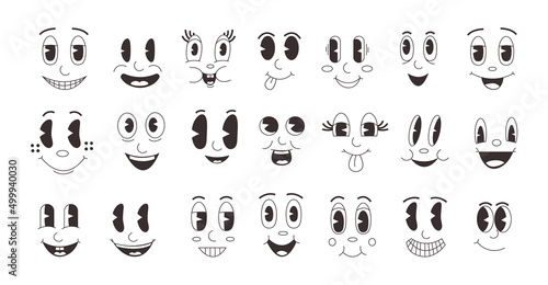 Cartoon emotions. Retro comic faces collection with smile emotion, vintage face of mascot character. Vector clip art collection