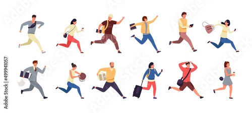 Hurrying people. Cartoon people late for work  men and women characters in casual clothes running and jogging. Vector set