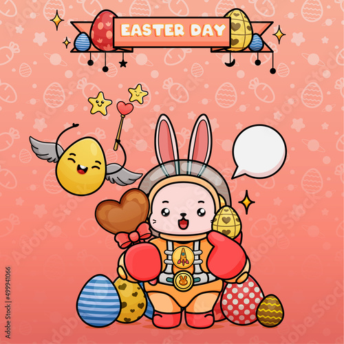 Celebrating Easter, doddle bunny mascot with an outline, in a kawaii style. easter bunny cartoon illustration in astronaut suit holding a little pattern egg and love chocolate candy