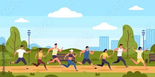 Marathon runners. Cartoon people running race in park, persons on sport exercises. Vector active competition illustration