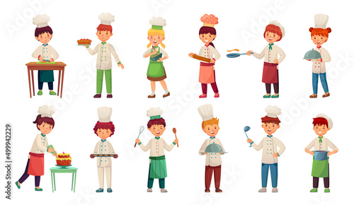 Cartoon children cooks, boy and girl in white suit and hat