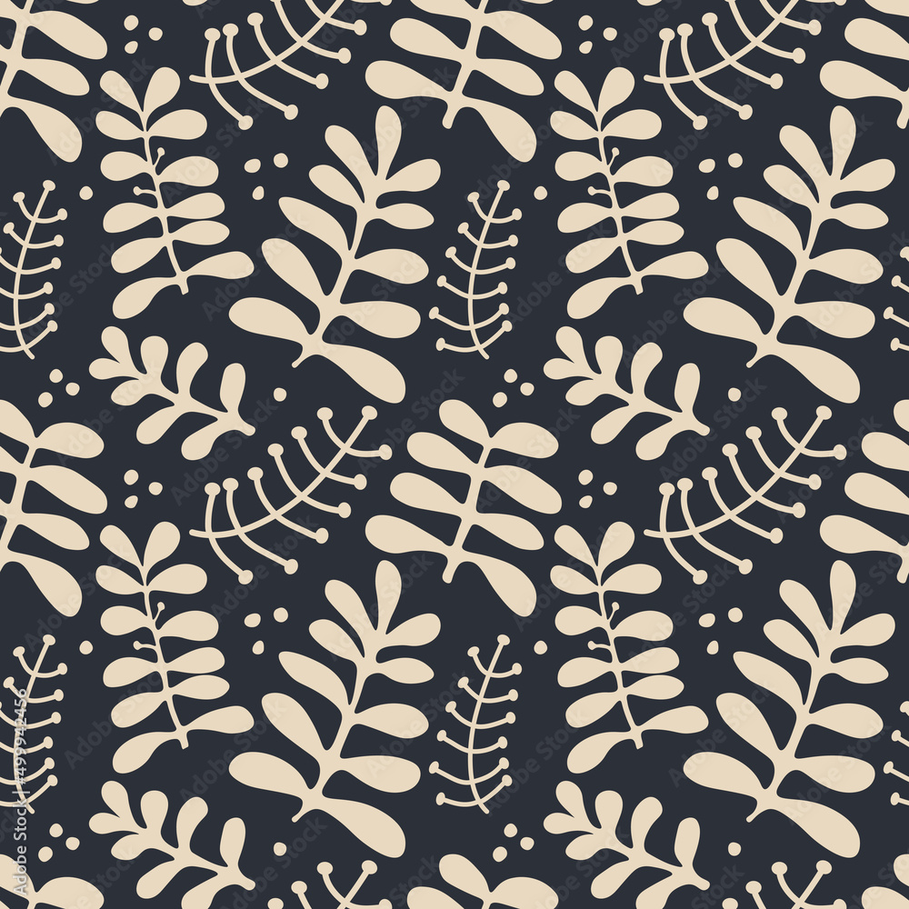 Elegant vector seamless pattern with leaves and branches. Modern abstract background in scandinavian style. Trendy print for textile, fabric, home decor, wallpaper.