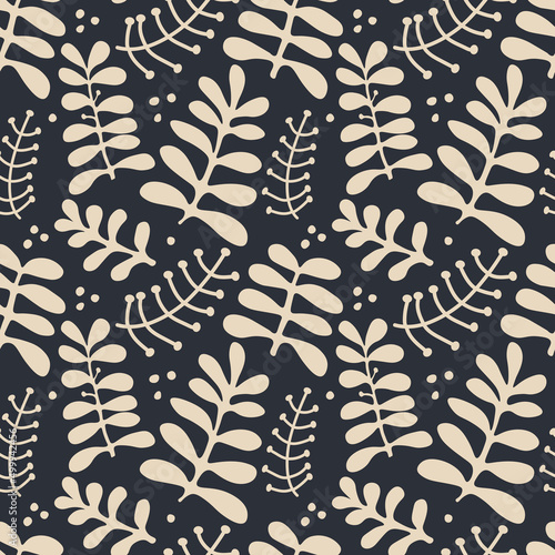 Obraz na płótnie Elegant vector seamless pattern with leaves and branches. Modern abstract background in scandinavian style. Trendy print for textile, fabric, home decor, wallpaper. w salonie