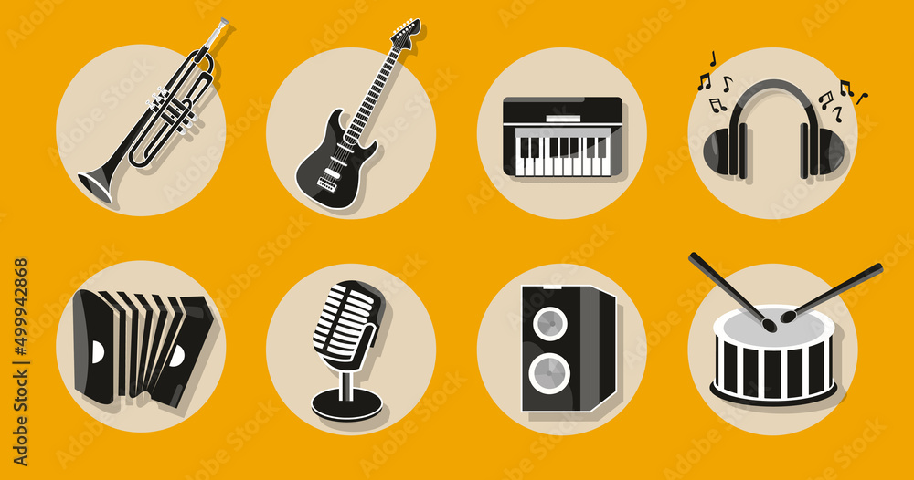 World Music Day with illustration of musical instruments. guitar, piano,  speaker, drum, microphone, accordion, Different musical instrument Icons.  Music Day poster, June 21. Important day. Illustration Stock | Adobe Stock