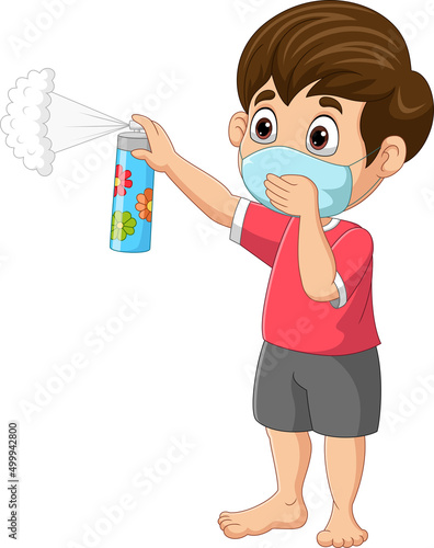 Little boy wearing mask and spray insect repellent