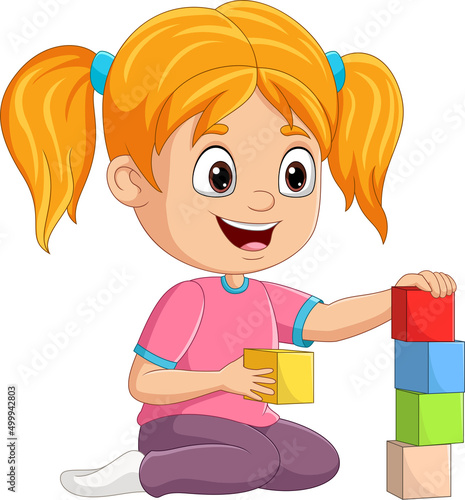 Cartoon little girl playing with building blocks