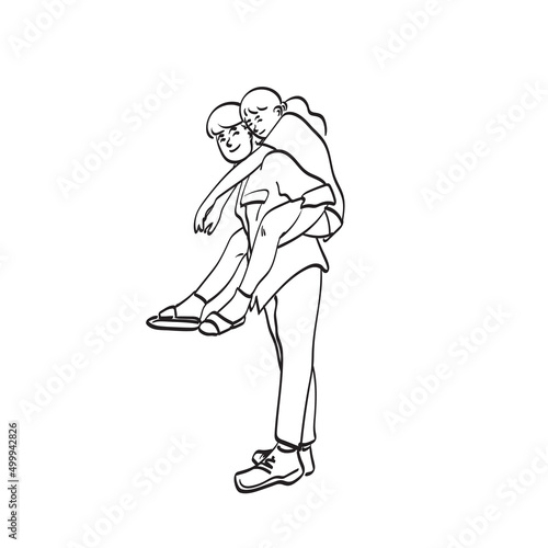 line art full length man giving piggy back to woman illustration vector hand drawn isolated on white background