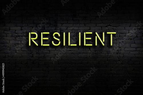 Canvas Print Neon sign. Word resilient against brick wall. Night view