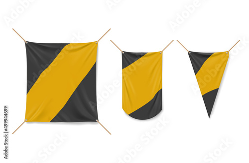 Square vinyl banner and pennants hanging with ropes. Vector realistic mockup of 3d yellow and black canvas posters, textile pennons isolated on white background