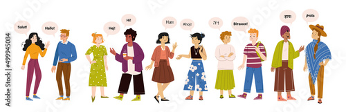 Diverse multilingual people group say hello on different foreign languages. Multinational happy young male and female characters greetings, friendly gestures, Line art flat vector illustration