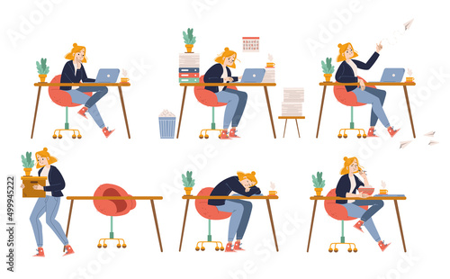 Employee character work with laptop in office. Concept of procrastination, deadline, dismissal. Vector flat illustration of workplace with woman busy, lazy, sleeping, eating, and fired