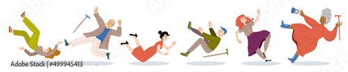 People fall down, clumsiness, danger accident, slip and stumble concept. Senior and young characters in ridiculous postures falling down on wet floor, Linear cartoon flat vector illustration, set
