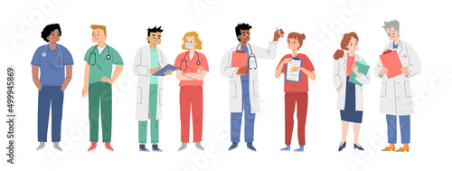 Doctors team, diverse hospital healthcare staff nurse, surgeon or therapist characters in medical robes. Group of clinic workers, medicine profession personages Cartoon linear flat vector illustration