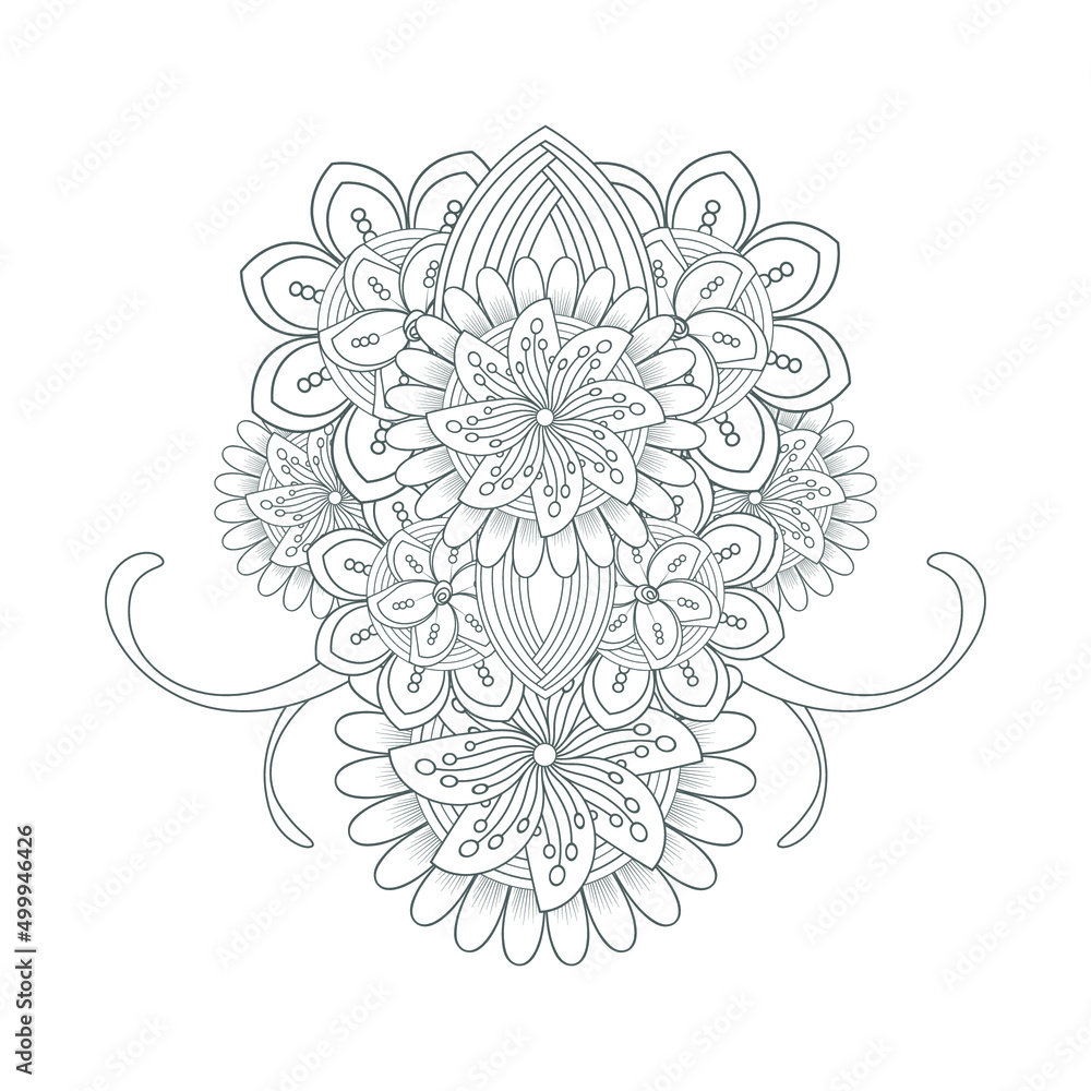 Colouring page of beautiful flowers for adults and kids in monochrome colour with white background