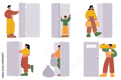 People at house entrance, enter or exit home. Vector flat illustration of happy characters open door, lock with key, taking out trash, leaving apartment, come back from shopping