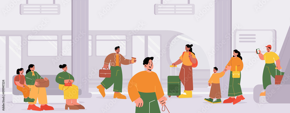 Railway station with train and crowd of people on platform. City subway terminal with waiting passengers, women with kids, man with dog, businessman, girl with suitcase. Vector cartoon illustration Railway station with train and crowd of people on platform. City subway terminal with waiting passengers, women with kids, man with dog, businessman, girl with suitcase. Vector cartoon illustration