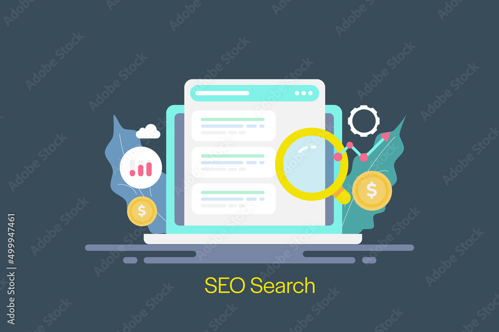 SEO, search engine displaying search results, search marketing and website ranking improvement, optimization concept, web banner template. - obrazy, fototapety, plakaty 