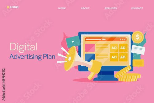 Digital advertising, communication strategy development, online business and marketing plan, spending money on ad network, global branding concept. Web banner template. 
