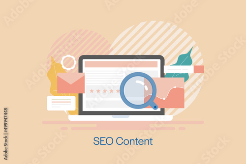 Content marketing, SEO content development, content research and publishing on web, blogging newsletter marketing concept, flat design web banner.