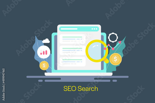 SEO, search engine displaying search results, search marketing and website ranking improvement, optimization concept, web banner template.