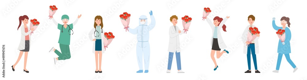 Male and female team of paramedics or doctors or scientists or medical specialists, mother's day with carnations, thank mother Male and female team of paramedics or doctors or scientists or medical specialists, mother's day with carnations, thank mother