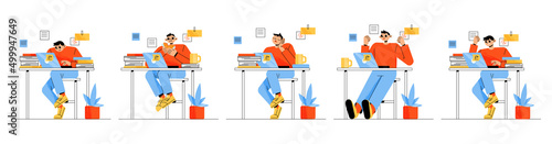 Office worker different emotions and activities. Young man sitting at desk work on laptop, eating lunch, sleeping, rejoice or angry expression, manager lifestyle, Linear flat vector illustration