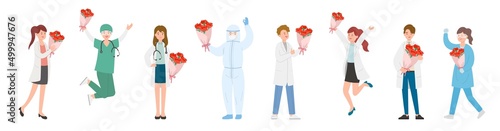 Male and female team of paramedics or doctors or scientists or medical specialists, mother's day with carnations, thank mother