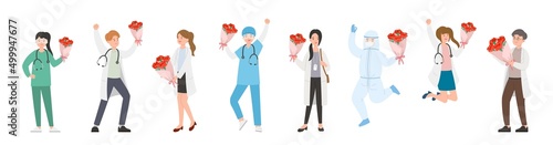 Male and female team of paramedics or doctors or scientists or medical specialists, mother's day with carnations, thank mother