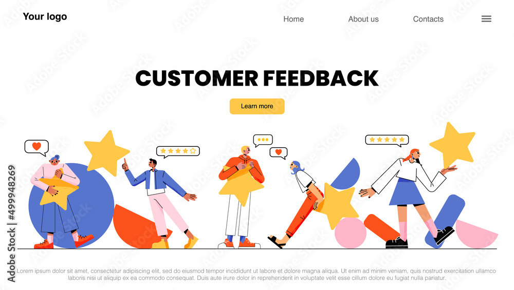 Customer feedback landing page. People holding stars, rating, consumer review, evaluation, satisfaction level and critic. Tiny clients with huge gold stars in hands, Linear flat Vector web banner Customer feedback landing page. People holding stars, rating, consumer review, evaluation, satisfaction level and critic. Tiny clients with huge gold stars in hands, Linear flat Vector web banner