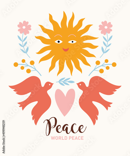Two flying bird, heart and sun. Symbols of peace and goodness. Postcard, poster, flyer design