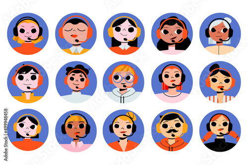 Call center operators avatar or round icons, client support help line workers wear headset with microphone. Telephone sales consultant male and female characters faces, Linear flat vector illustration