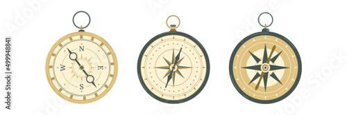 Retro compasses with rose of wind, arrow and loop. Antique navigation tools isolated icons. Nautical vintage travel objects for orienteering and marine journey, Cartoon flat vector illustration