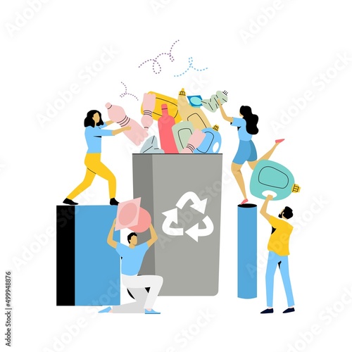 Recycling garbage flat vector illustration. People sorting plastic waste into recycling garbage bin. Plastic pollution problem concept.