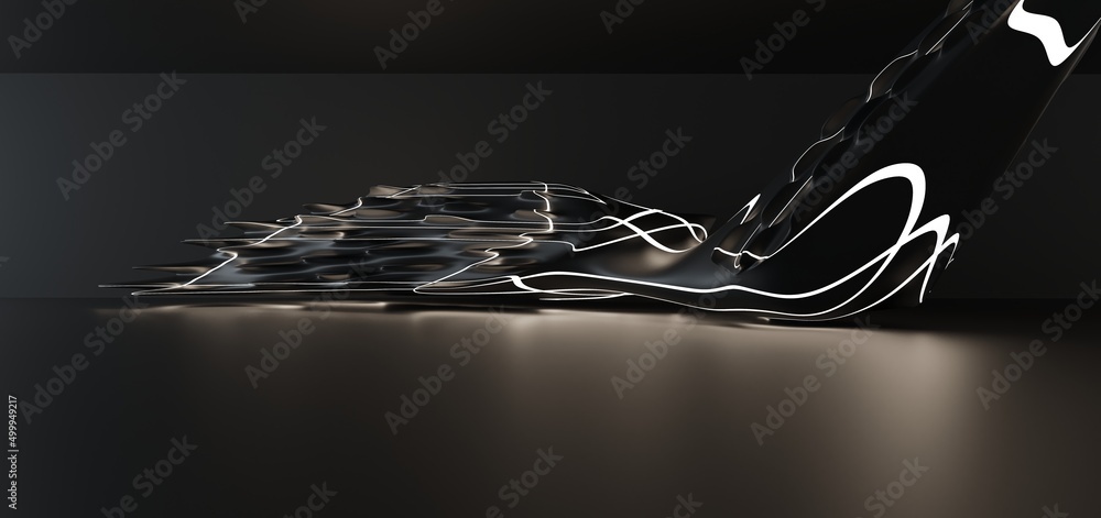 Luxury parametric abstract architectural minimalistic background. Contemporary showroom. Modern black exhibition tunnel. Empty gallery. Neon backlight. Night. Space. 3D illustration and rendering.