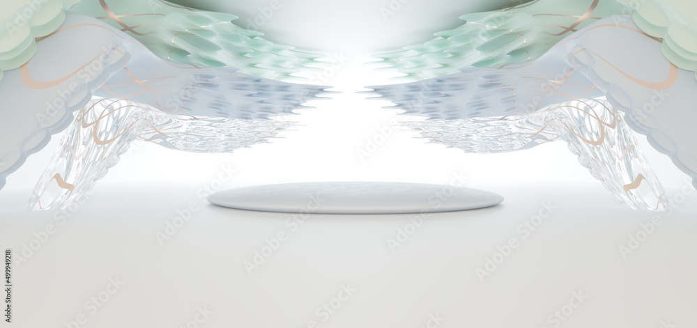 Luxury parametric abstract architectural minimalistic background. Contemporary showroom. Modern colored glass exhibition tunnel. Empty gallery. Backlight. 3D illustration and rendering.