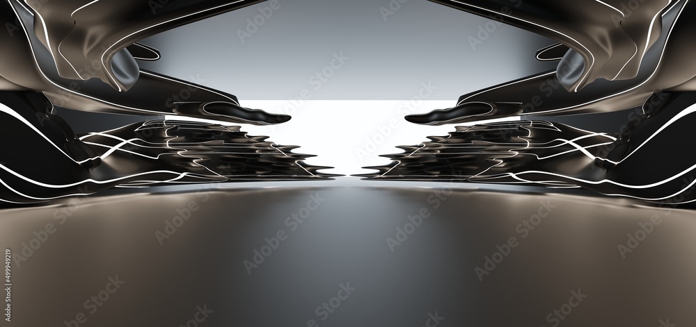 Luxury parametric abstract architectural minimalistic background. Contemporary showroom. Modern black exhibition tunnel. Empty gallery. Neon backlight. Night. Space. 3D illustration and rendering.