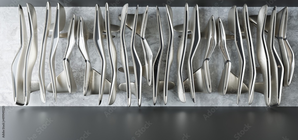 Luxury parametric abstract architectural minimalistic background. Contemporary showroom. Modern black exhibition tunnel. Empty gallery. Stand, table. Interior backlight. 3D illustration and rendering.
