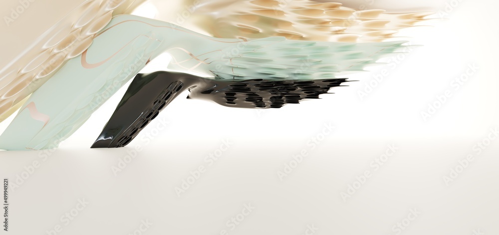 Luxury parametric abstract architectural minimalistic background. Contemporary showroom. Modern colored glass exhibition tunnel. Empty gallery. Backlight. 3D illustration and rendering.