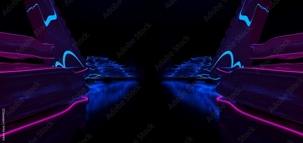 Abstract architectural minimalistic background. Laser show in the ultraviolet spectrum. Modern impulse tunnel. Futuristic space sci-fi frame neon backlight. 3D illustration and rendering.