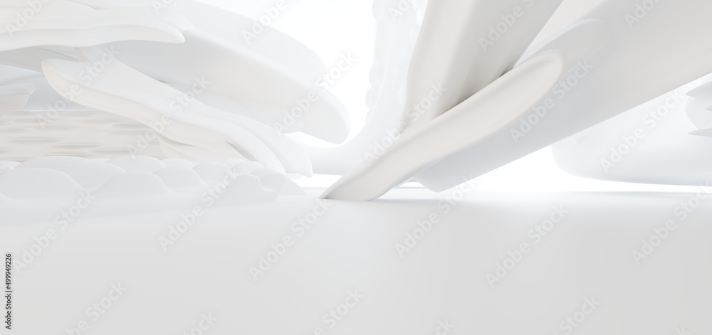 Luxury white abstract architectural minimalistic background. Contemporary showroom. Modern exhibition stand. Empty gallery. Backlight. Polygonal Graphic Design. 3D illustration and rendering.