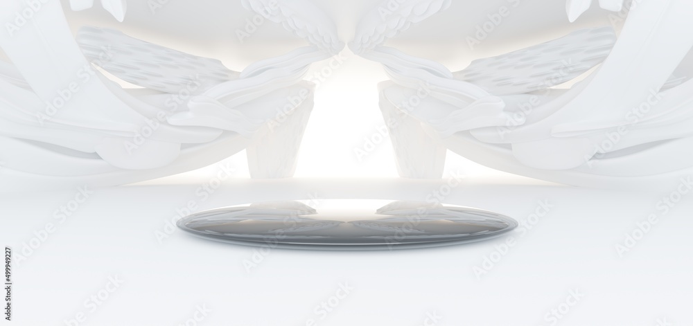 Luxury white abstract architectural minimalistic background. Contemporary showroom. Modern exhibition stand. Empty gallery. Backlight. Polygonal Graphic Design. 3D illustration and rendering.
