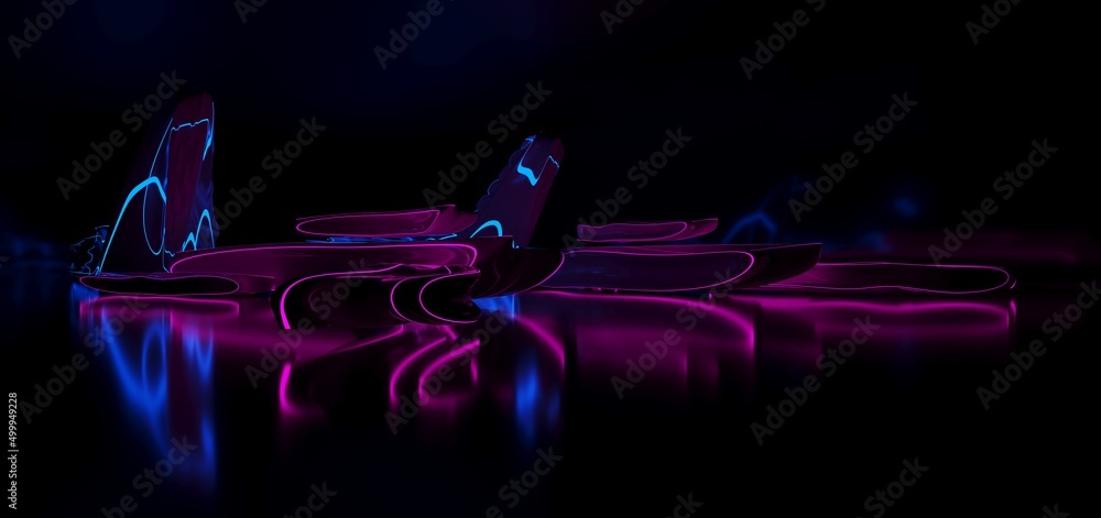 Abstract architectural minimalistic background. Laser show in the ultraviolet spectrum. Modern impulse tunnel. Futuristic space sci-fi frame neon backlight. 3D illustration and rendering.