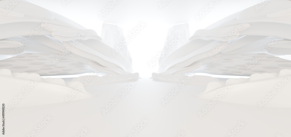 Luxury white abstract architectural minimalistic background. Contemporary showroom. Modern exhibition stand. Empty gallery. Backlight. Polygonal Graphic Design. 3D illustration and rendering.