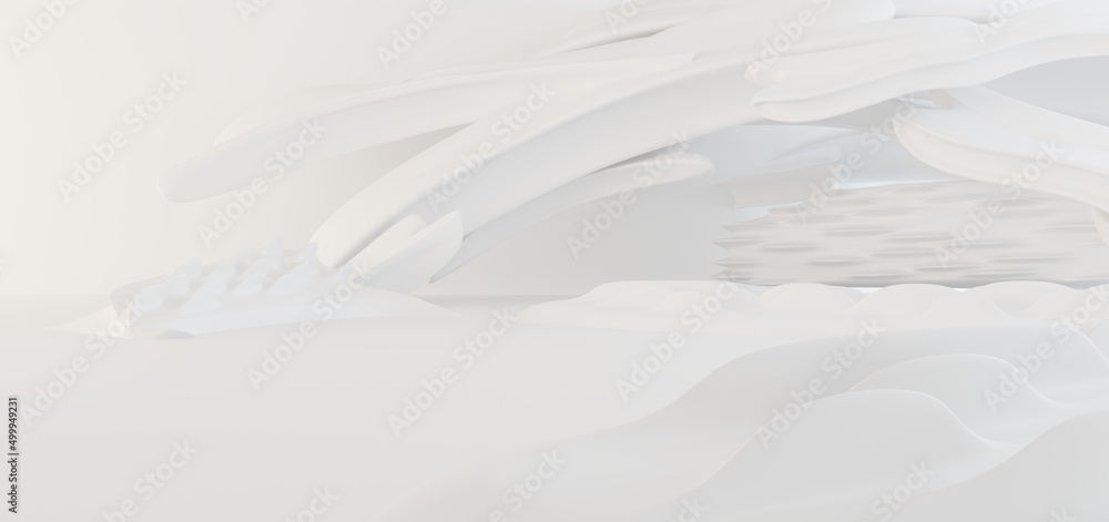 Luxury white abstract architectural minimalistic background. Contemporary showroom. Modern exhibition stand. Empty gallery. Backlight. Polygonal Graphic Design. 3D illustration and rendering.