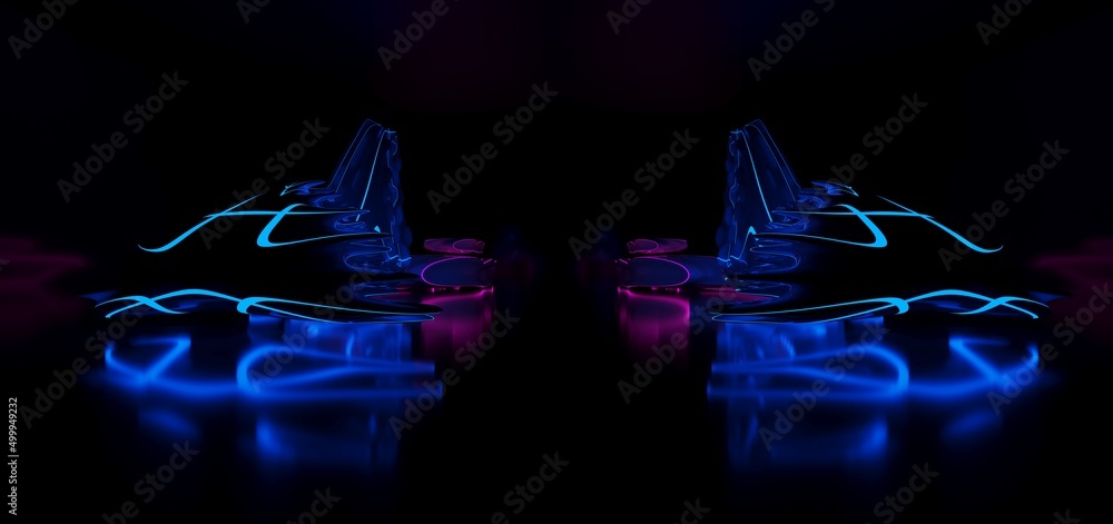 Abstract architectural minimalistic background. Laser show in the ultraviolet spectrum. Modern impulse tunnel. Futuristic space sci-fi frame neon backlight. 3D illustration and rendering.