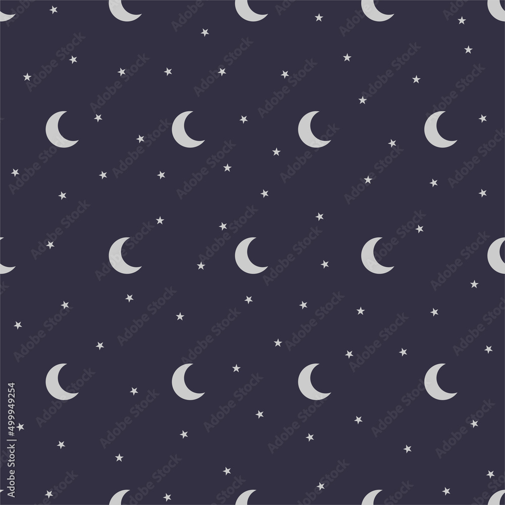 Flat silver moon icon with vector shape stars on a dark blue black background seamless pattern. EPS 10 illustration Flat silver moon icon with vector shape stars on a dark blue black background seamless pattern. EPS 10 illustration