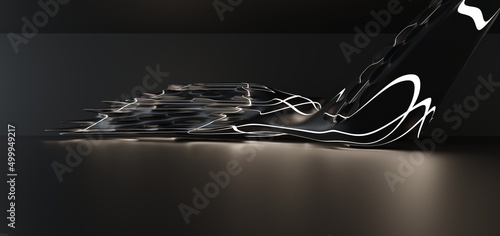 Luxury parametric abstract architectural minimalistic background. Contemporary showroom. Modern black exhibition tunnel. Empty gallery. Neon backlight. Night. Space.  3D illustration and rendering.